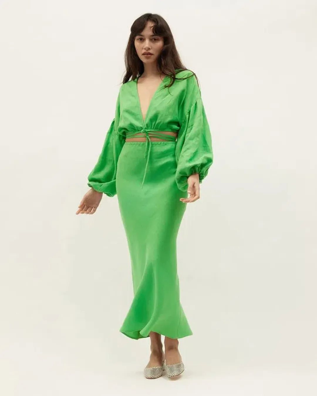 Dominique Healy Parakeet Wrap Top and Skirt Set Green Size 10 for rent on The Volte - main image