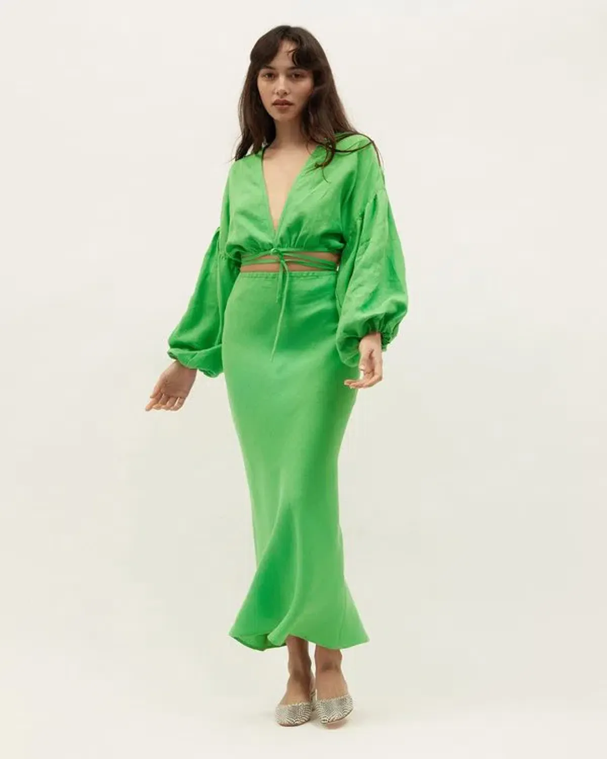 Dominique Healy Parakeet Wrap Top and Skirt Set Green Size 10 for rent on The Volte - main image