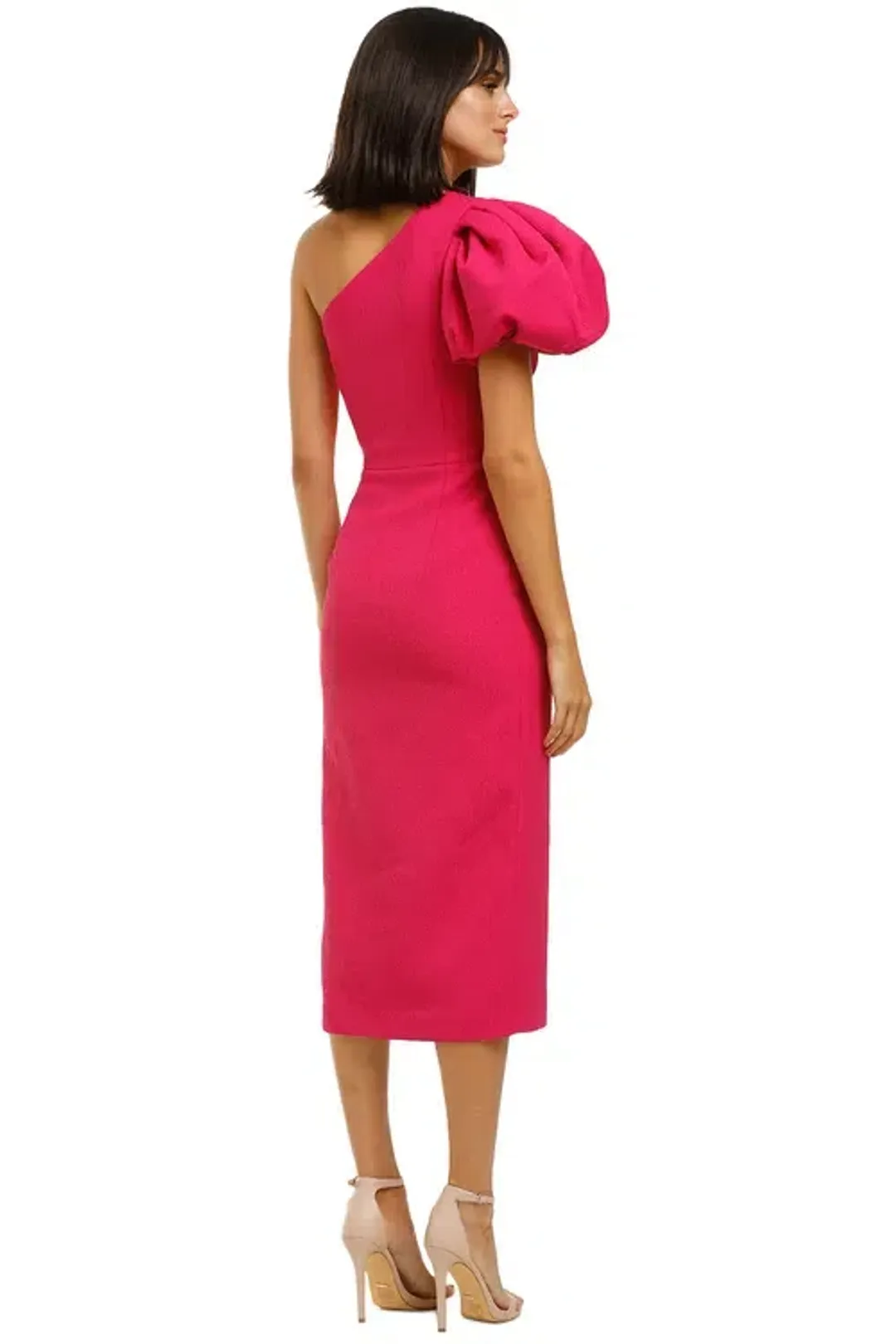 Rebecca Vallance Natalia One Sleeve Midi Dress Magenta Fuschia Pink Size 8 for rent on The Volte - main image