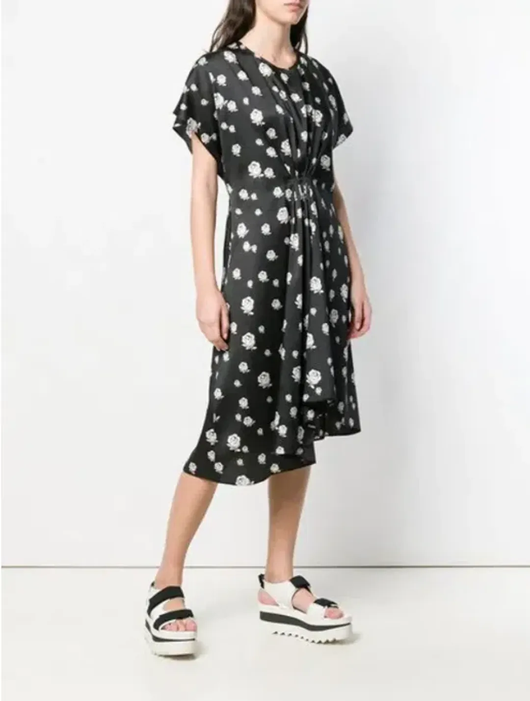 Kenzo Gathered Rose-Print Asymmetric Midi Dress Black/White Size 10 for rent on The Volte - main image