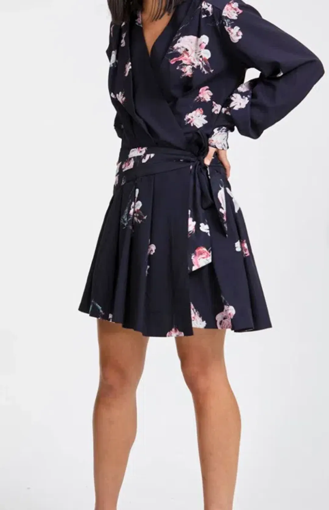AJE Gabyon Long Sleeved Wrap Floral Print Mini Dress Kimono Black/Pink Size 6 for rent on The Volte - main image