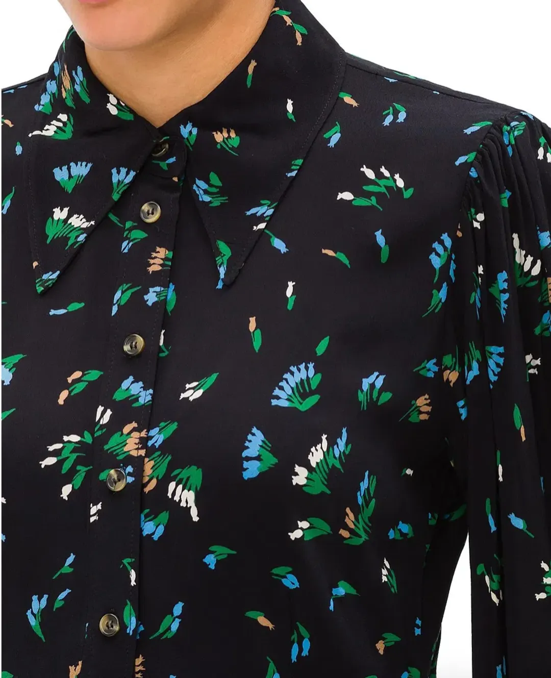 Ganni Printed Crepe Floral Shirt Mini Dress Black/Verdant Green Print Size 12 for rent on The Volte - main image