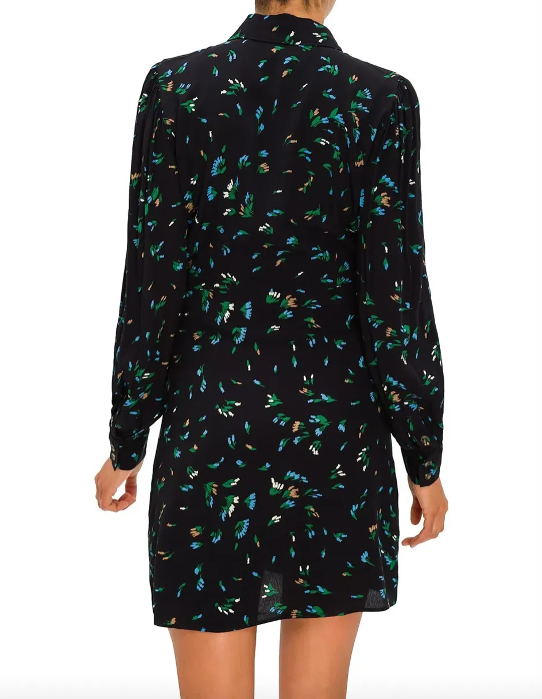 Ganni Printed Crepe Floral Shirt Mini Dress Black/Verdant Green Print Size 12 for rent on The Volte - main image