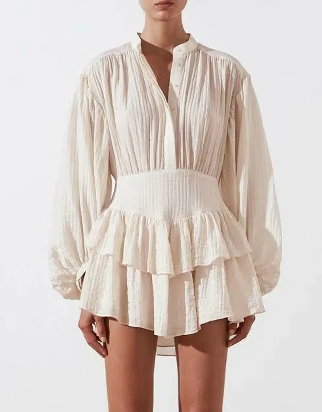 Shona Joy Mila Button Up Frill Mini Dress Beige/Tofu Size AU 16 for rent on The Volte - main image