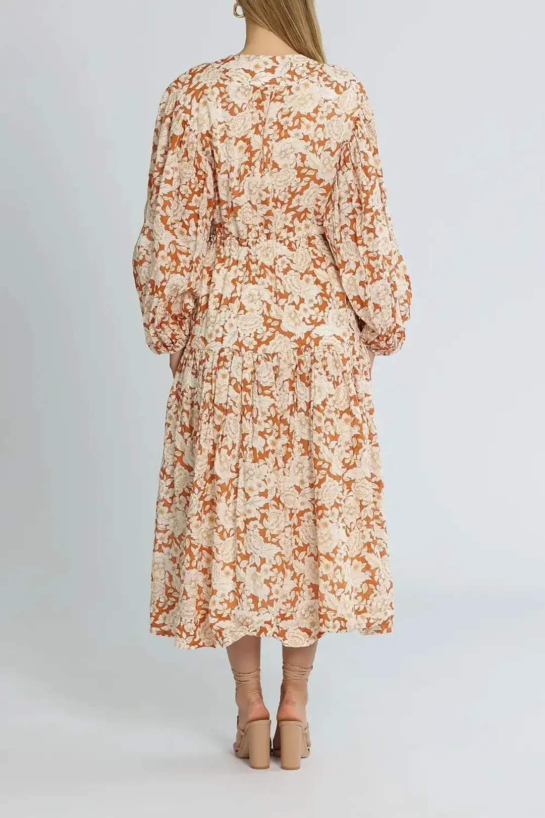Shona Joy Flor Midi Dress Orange Print Size AU 10 for rent on The Volte - main image