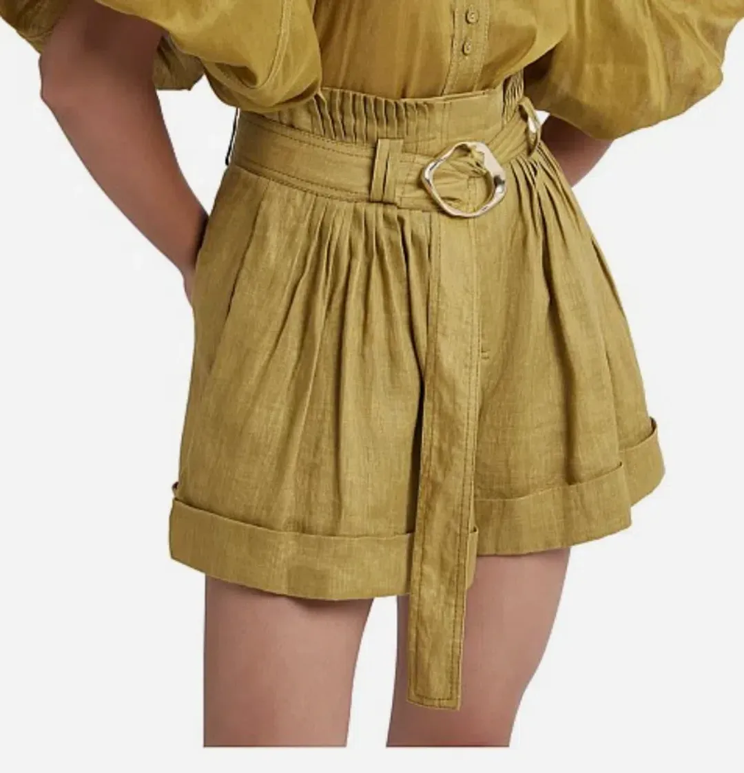 Aje Byblos Belted Linen Short in Olive Green Size AU 8  for rent on The Volte - main image