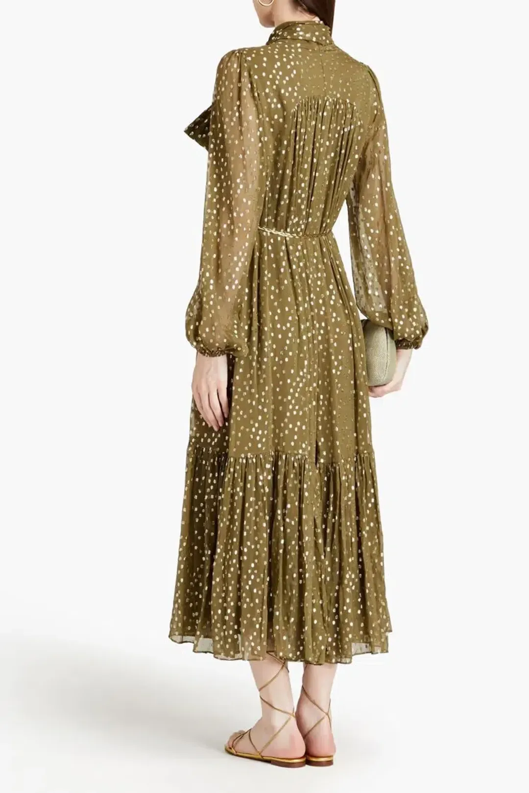 Zimmermann Billow Pussy-bow Metallic Fil Coupé Silk-blend Crepon Midi Dress Green Size AU 10 for rent on The Volte - main image