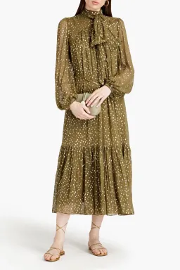 Zimmermann Billow Pussy-bow Metallic Fil Coupé Silk-blend Crepon Midi Dress Green Size AU 10 for rent on The Volte - image 1