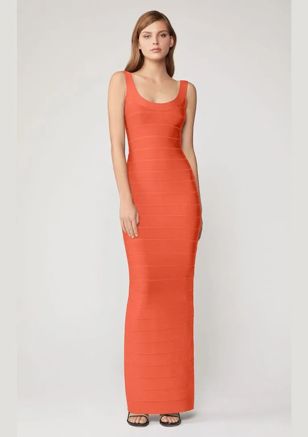 Herve Leger Round Neck Gown Coral Size XS / AU 6 for rent on The Volte - main image