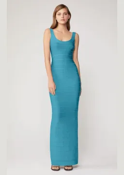 Herve Leger Round Neck Gown Turquoise Size 8  for rent on The Volte - image 1