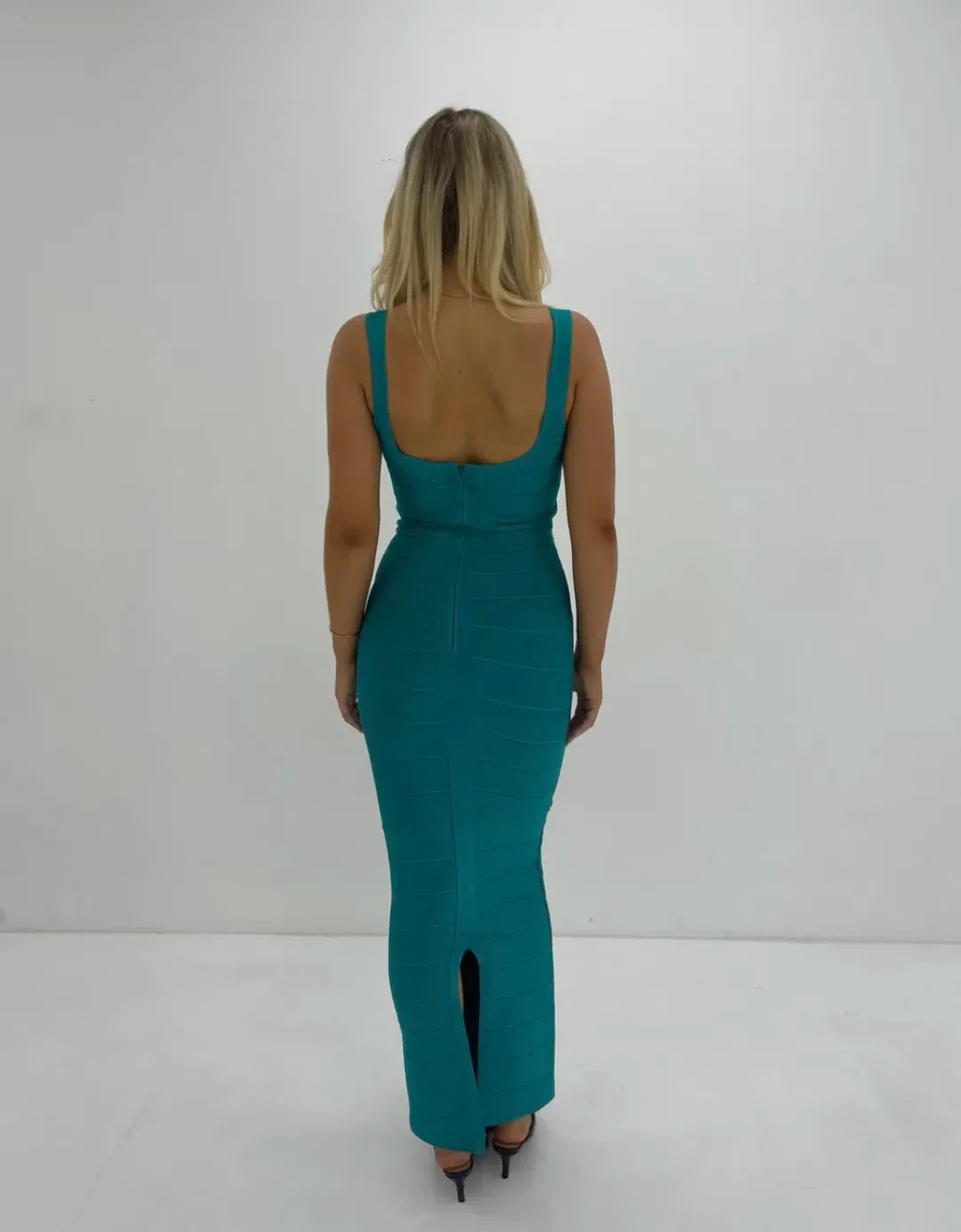 Herve Leger Round Neck Gown Turquoise Size 6 for rent on The Volte - main image