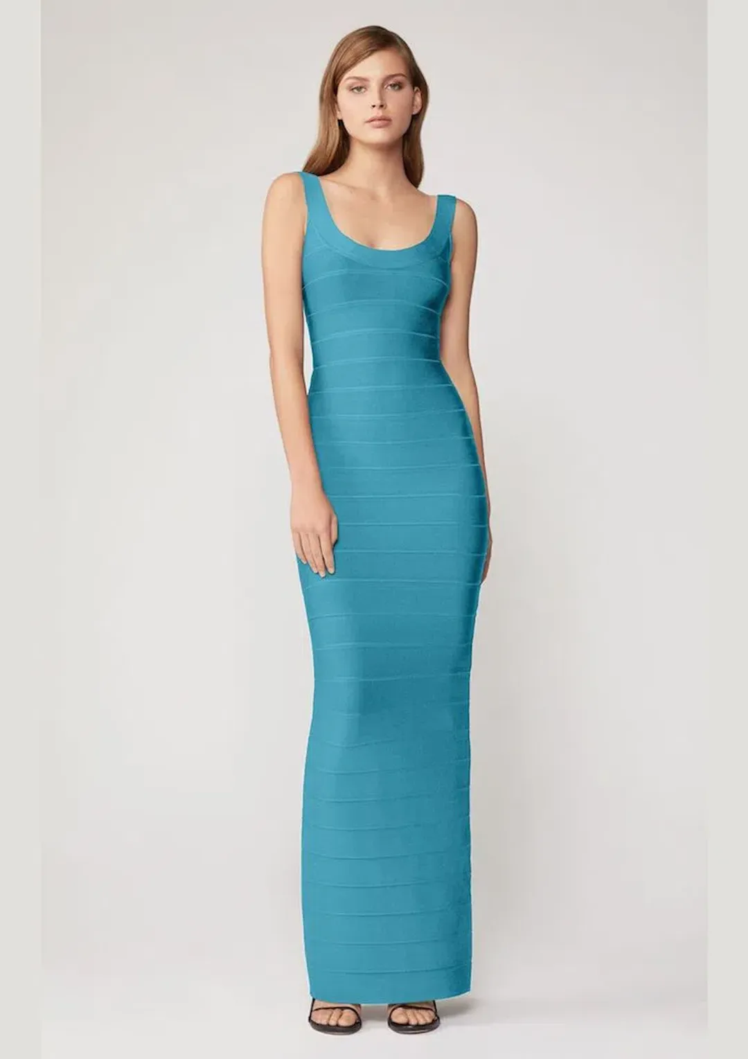 Herve Leger Round Neck Gown Turquoise Size 6 for rent on The Volte - main image