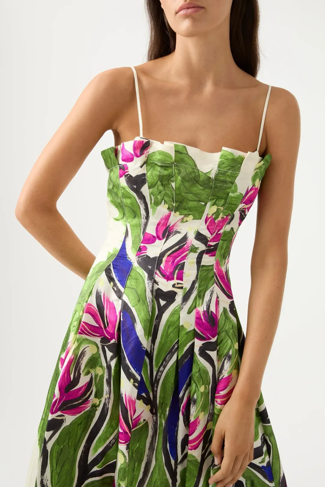 Aje Paradiso Green Floral Cinched Midi Dress Native Gumnut Floral Size 14 for rent on The Volte - main image