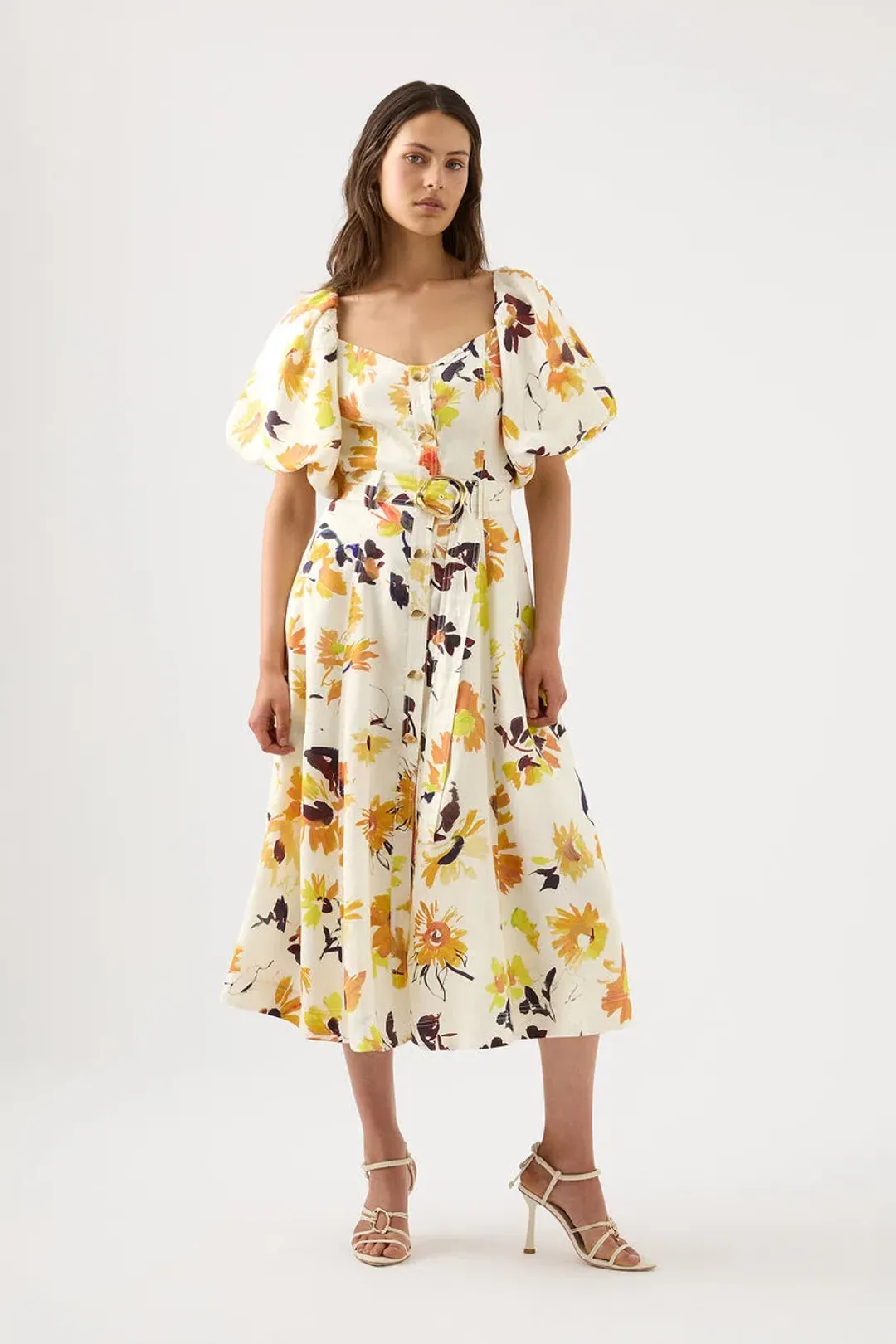 AJE Soleil Belted Midi Dress Pressed Sunflowers Size 10  for rent on The Volte - main image