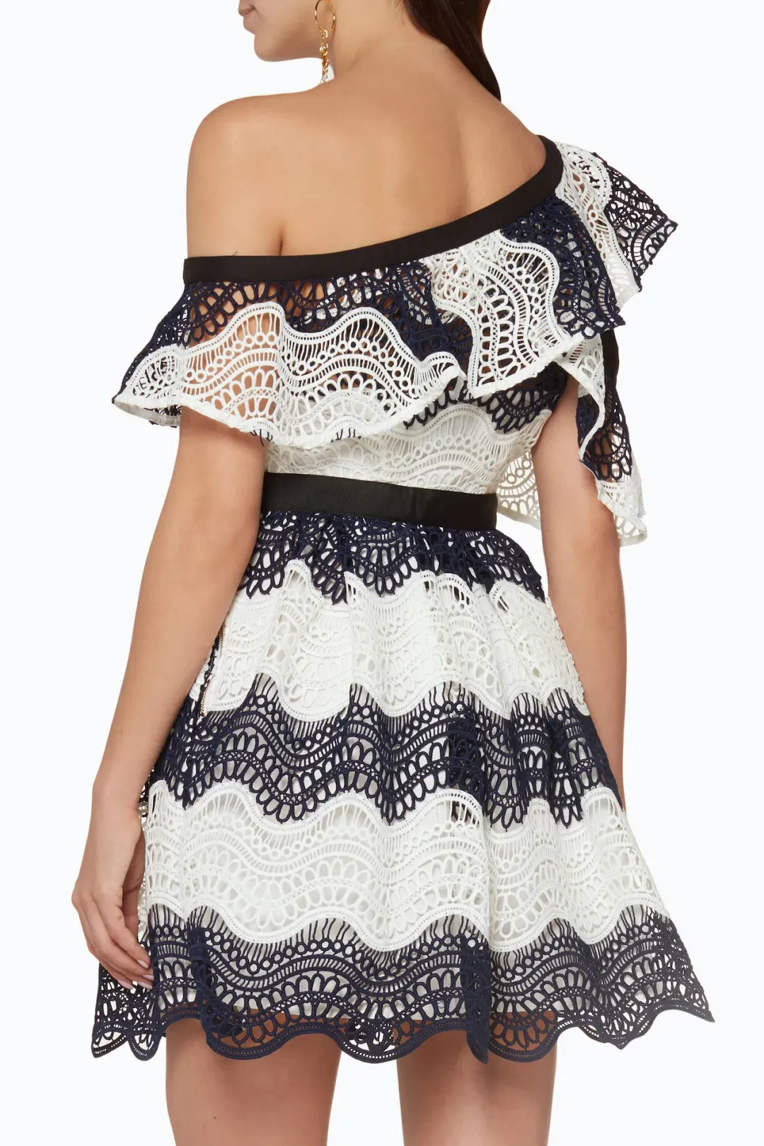 Self Portrait One Shoulder Striped Guipure Lace Mini Dress Navy/White Size 12 for rent on The Volte - main image