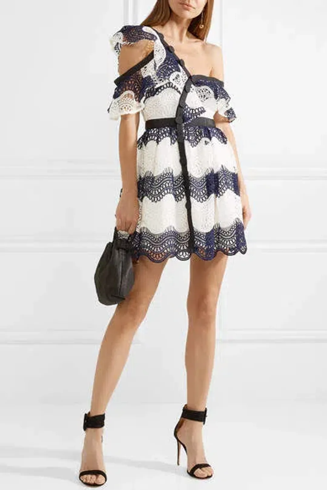 Self Portrait One Shoulder Striped Guipure Lace Mini Dress Navy/White Size 12 for rent on The Volte - main image
