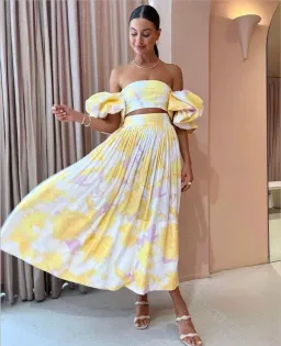 Leo Lin Simone Puff Top & Elina Skirt Set Jasmine Print in Sun Size 6 for rent on The Volte - image 1