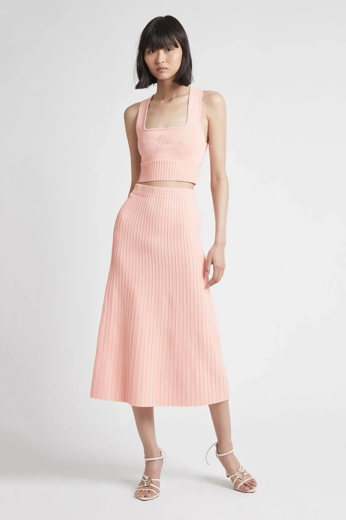 Aje Livadi Cut Out Knit Logo Crop Top and Frey Knit Midi Skirt Set Nude Pink Size S / AU 8 for rent on The Volte - main image