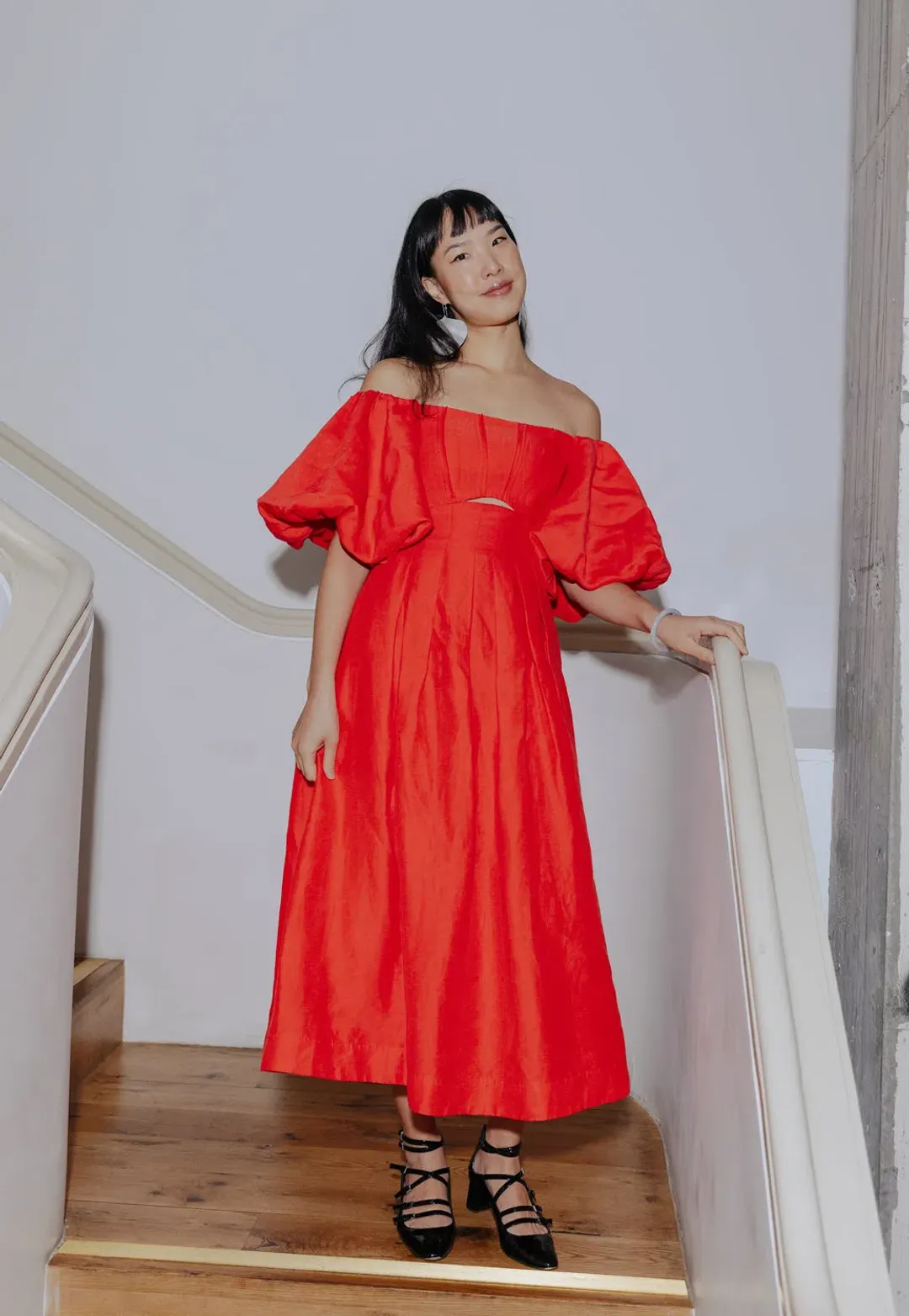 Aje Eugenie Off Shoulder Midi Dress Scarlet Red Size 8 for rent on The Volte - main image