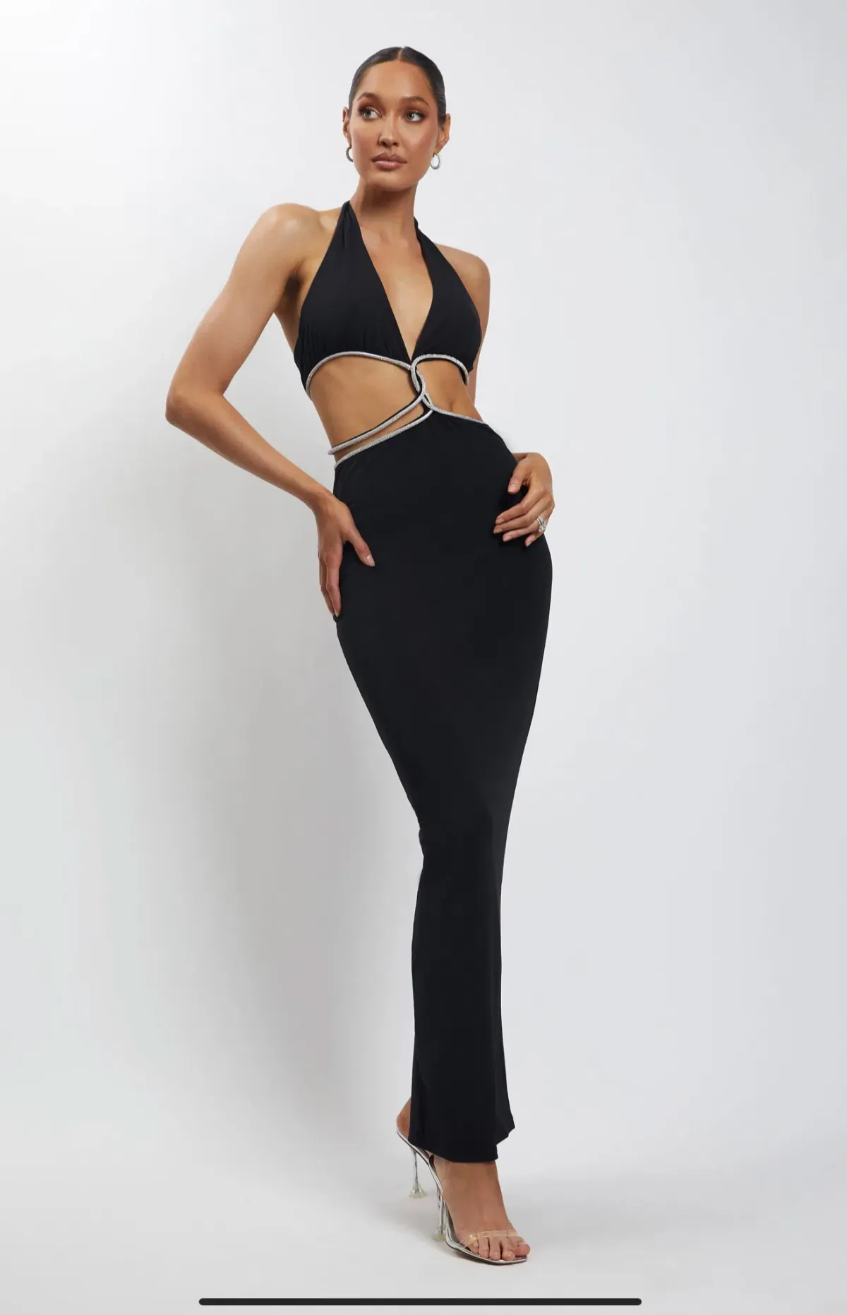 Meshki Nicha Diamanté Cut Out Maxi Dress Black Size M / AU 10 for rent on The Volte - main image