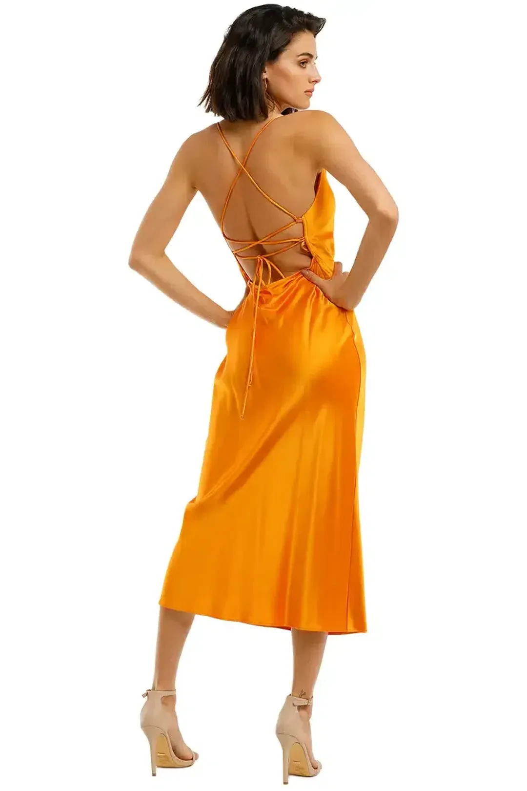 Bec & Bridge Seraphine Lace Up Midi Dress Tangerine Size 8 for rent on The Volte - main image