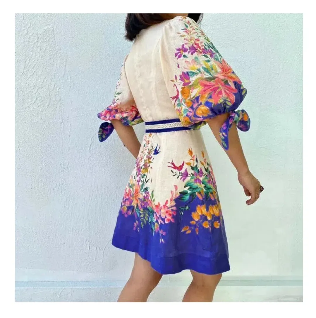 Zimmermann Tropicana Tie Sleeve Mini Dress Blue Floral Size 1 / AU 10 for rent on The Volte - main image