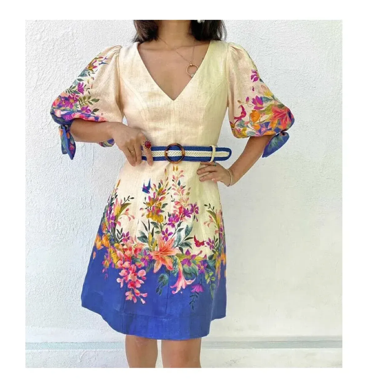 Zimmermann Tropicana Tie Sleeve Mini Dress Blue Floral Size 1 / AU 10 for rent on The Volte - main image