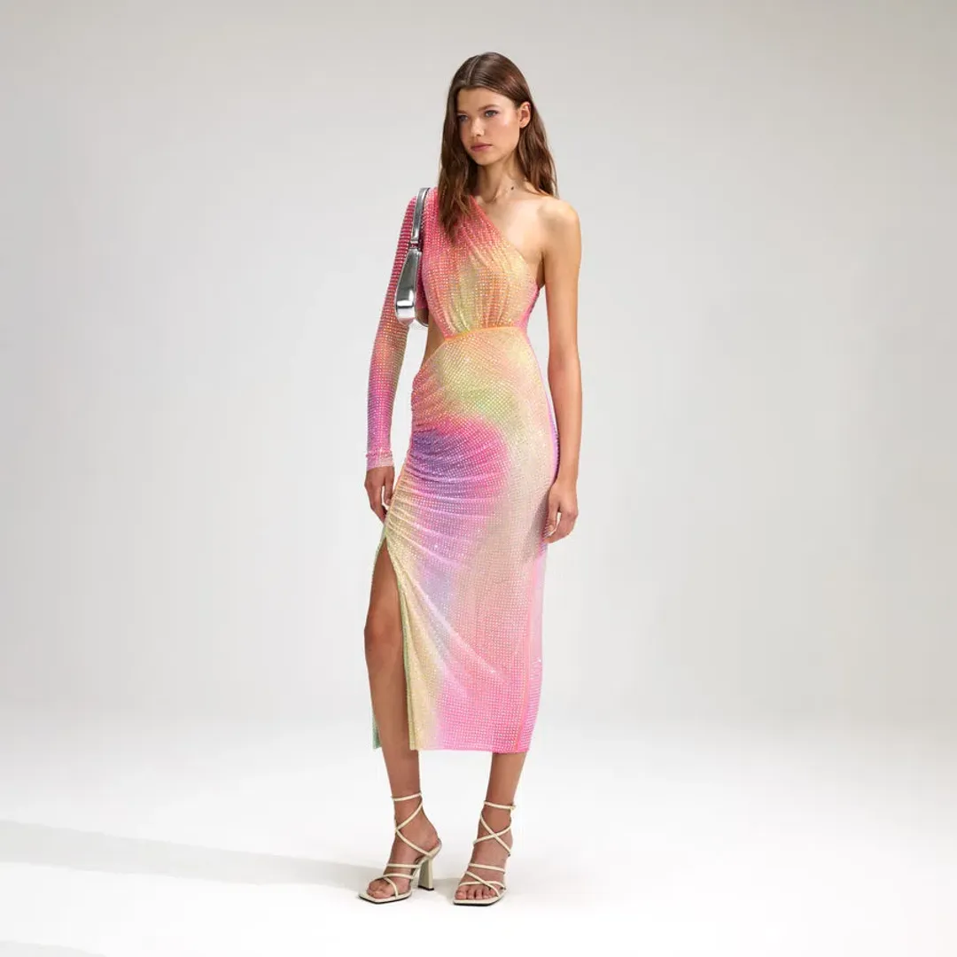 Self Portrait Printed Mesh Rhinestone Cutout Midi Dress Multi Size 8 for rent on The Volte - main image