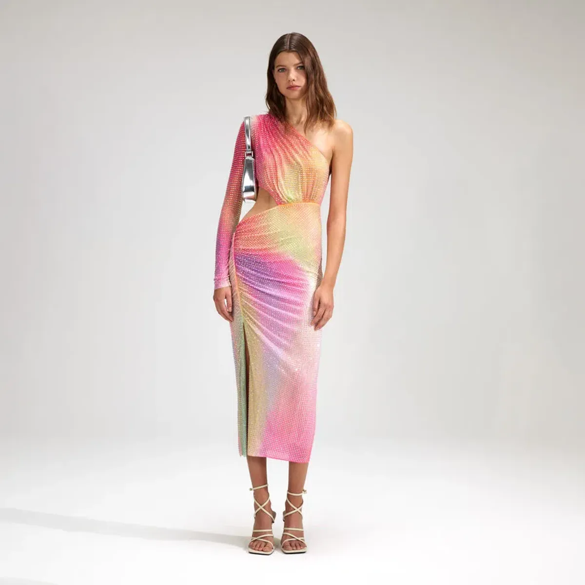Self Portrait Printed Mesh Rhinestone Cutout Midi Dress Multi Size 8 for rent on The Volte - main image