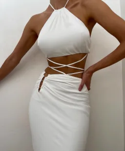 MESHKI Leanne Halter Tie Front Midi Dress White Size 6 for rent on The Volte - image 2