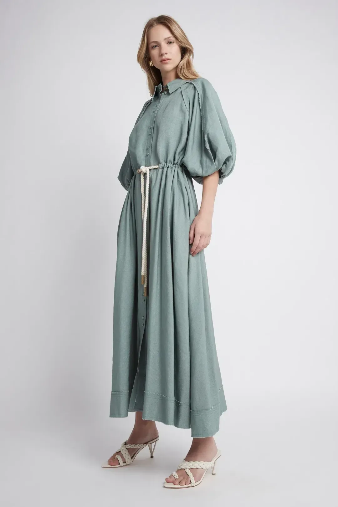 AJE Bonjour Belted Shirt Dress Palm Green Size 8 for rent on The Volte - main image