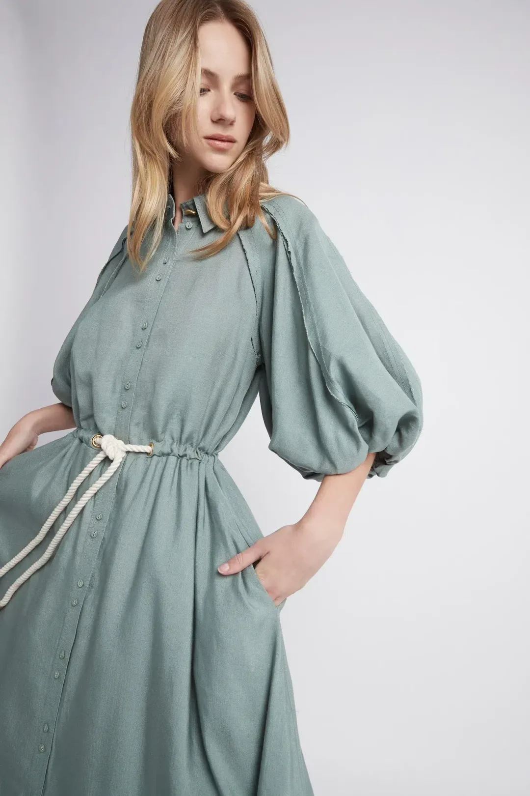 AJE Bonjour Belted Shirt Dress Palm Green Size 8 for rent on The Volte - main image