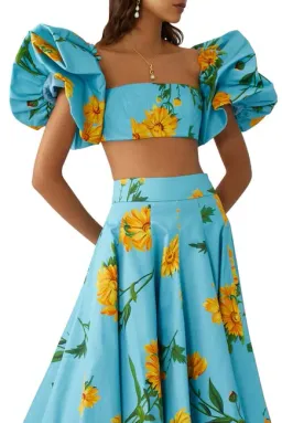 Leo Lin Marguerite Bleu Puff Top & Skirt Set Floral Size 6 for rent on The Volte - image 2