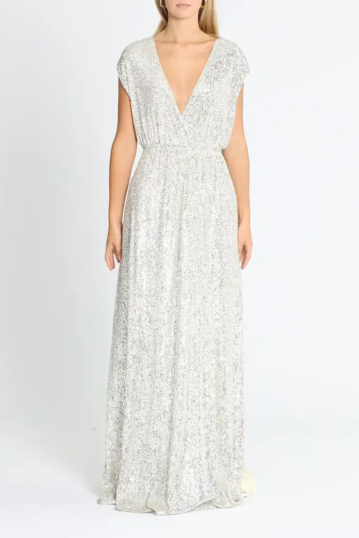 Elle Zeitoune Wrap Style V Neck Sequin Gown Silver Size 14 for rent on The Volte - main image