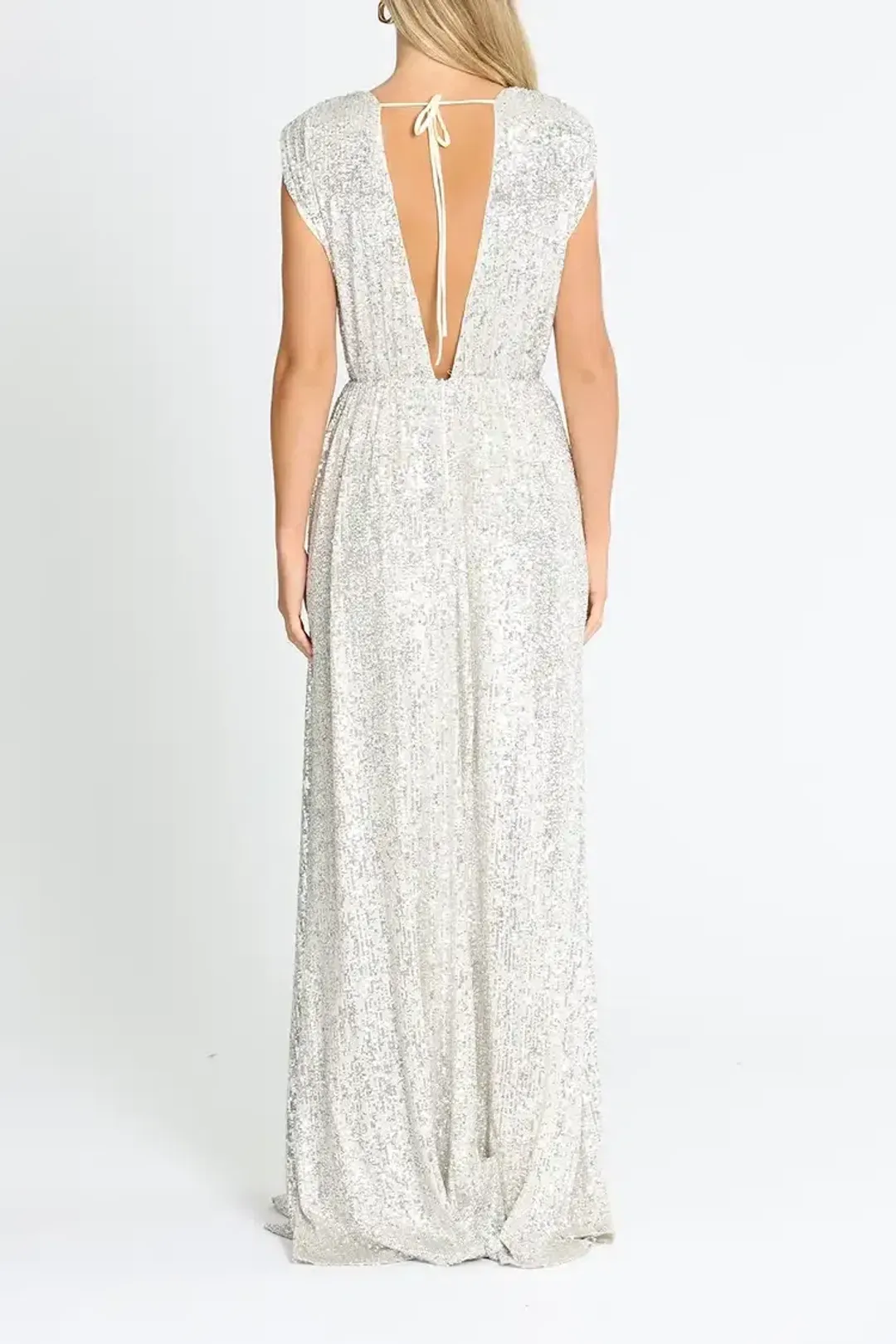 Elle Zeitoune Wrap Style V Neck Sequin Gown Silver Size 14 for rent on The Volte - main image