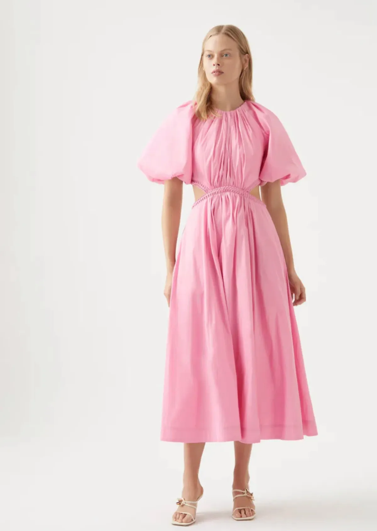 Aje Capucine Puff Sleeve Midi Dress Pink Size AU 10 for rent on The Volte - main image