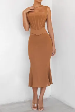 House of CB Mistress Rocks Caramel Gathered Corset & Midi Skirt Set Brown Size XS / AU 6 for rent on The Volte - image 3