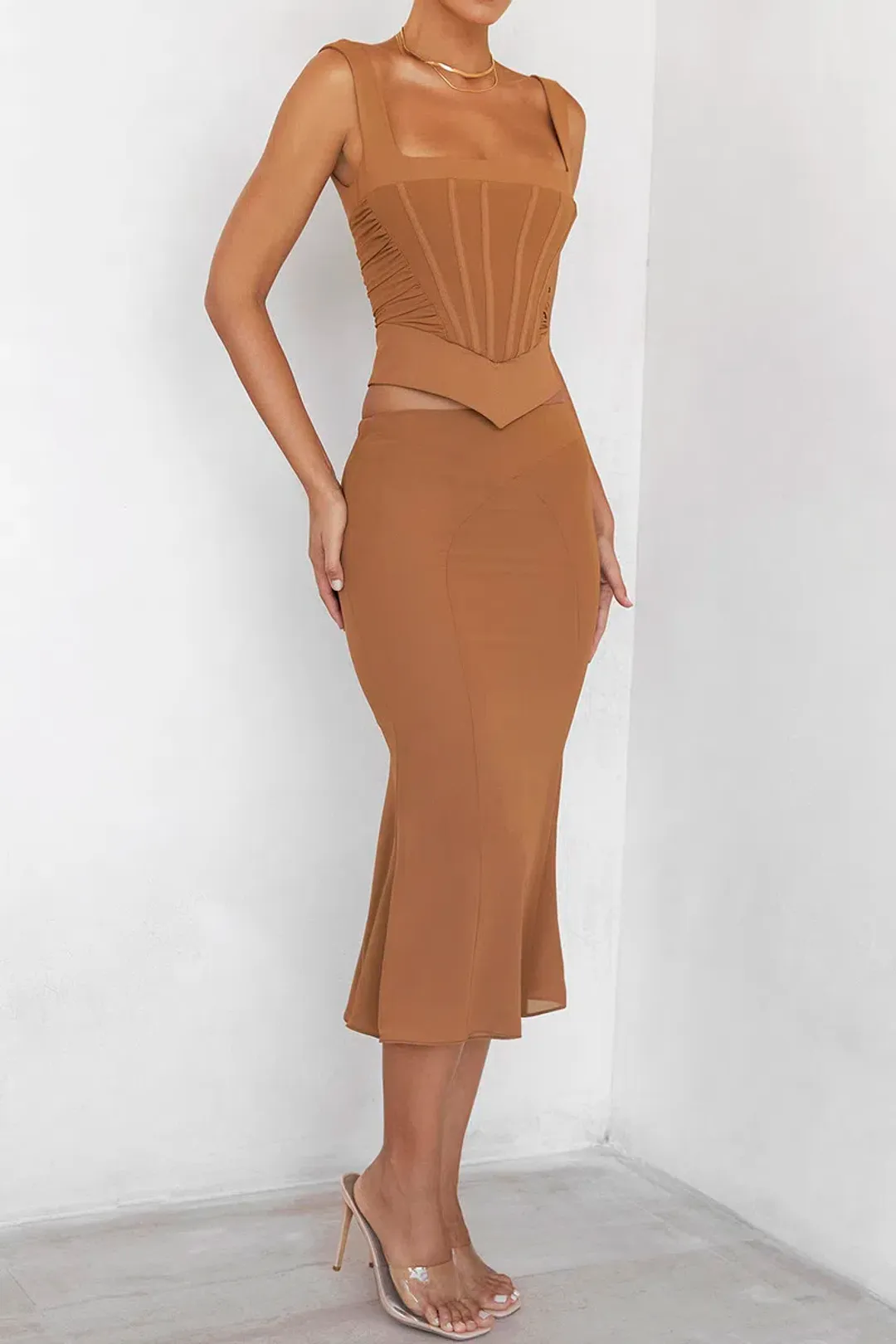 House of CB Mistress Rocks Caramel Gathered Corset & Midi Skirt Set Brown Size XS / AU 6 for rent on The Volte - main image