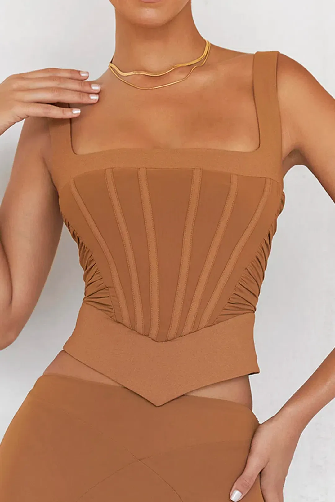 House of CB Mistress Rocks Caramel Gathered Corset & Midi Skirt Set Brown Size XS / AU 6 for rent on The Volte - main image