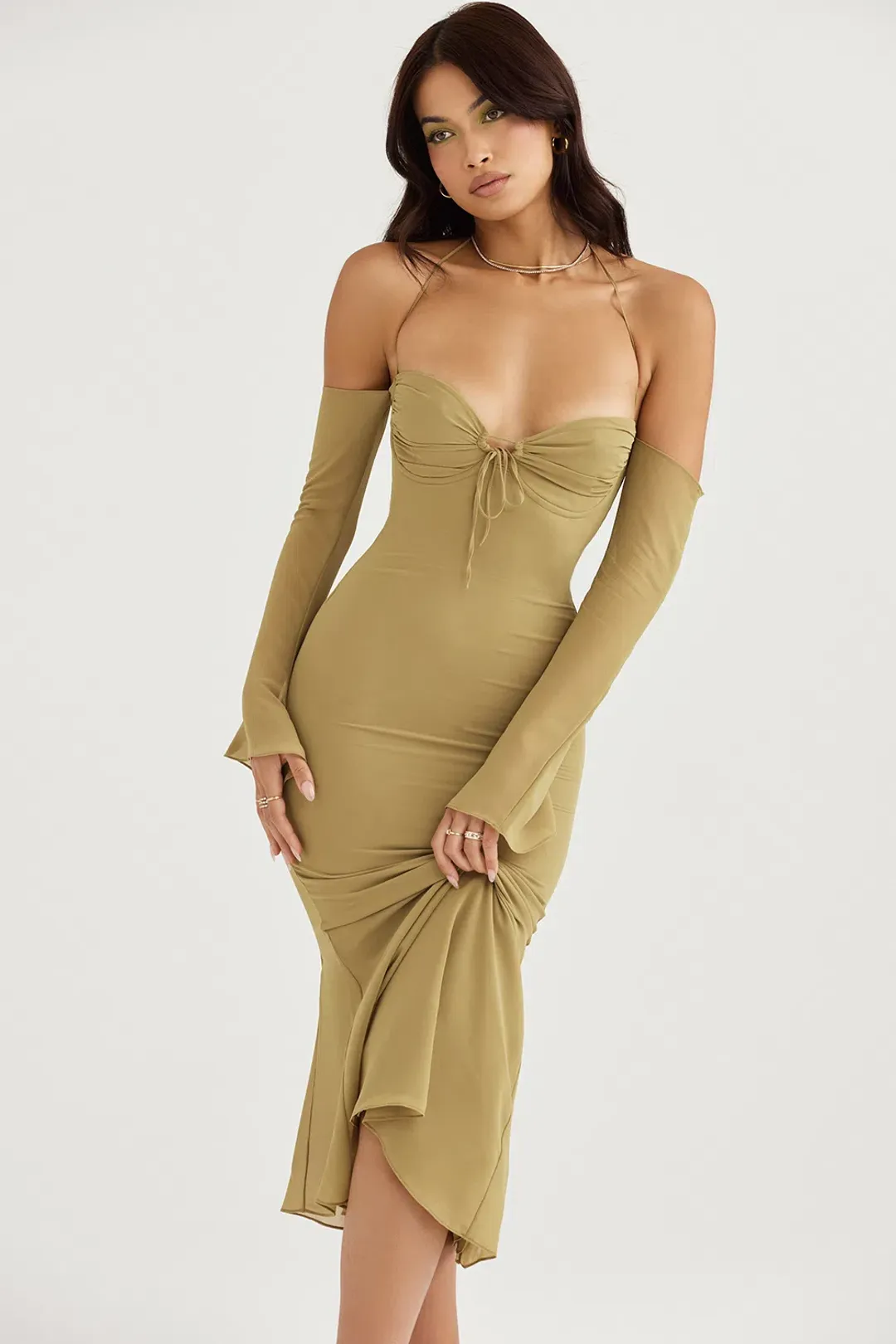 House of CB Naomi Halter Midi Dress Olive Size S / AU 8  for rent on The Volte - main image