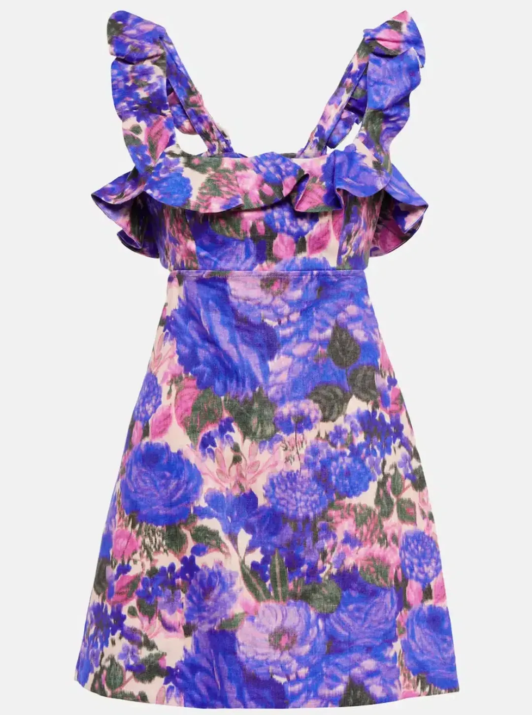 Zimmermann High Tide Frilled Mini Dress In Purple Ikat Floral Size 2 / AU 12 for rent on The Volte - main image