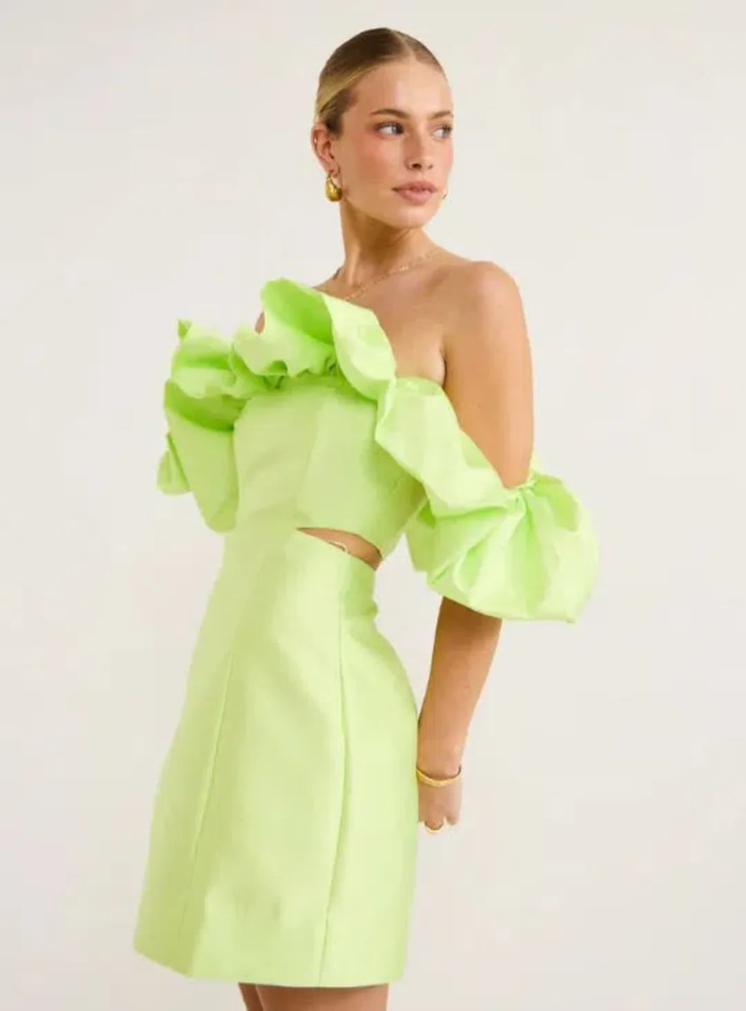 Alemais Suzi Off Shoulder Mini Dress in Chartreuse  Green Size AU 8 for rent on The Volte - main image