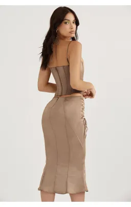 House of CB Chantelle Satin Corset & Sidonie Satin Lace Up Midi Skirt Set in Latte Size XL / AU 14 for rent on The Volte - image 7