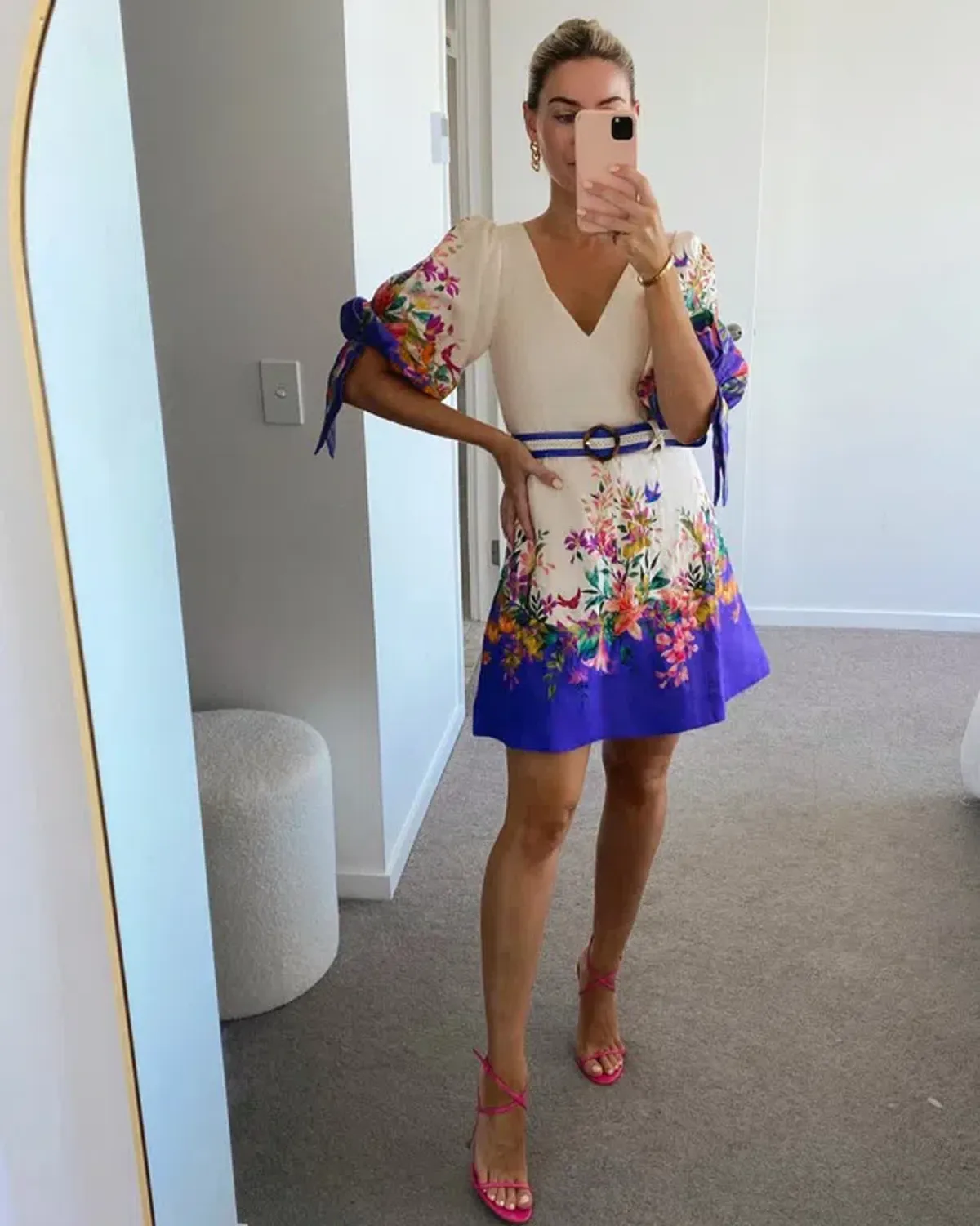 Zimmermann Tropicana Tie Sleeve Mini Dress Blue Floral Size 8 for rent on The Volte - main image