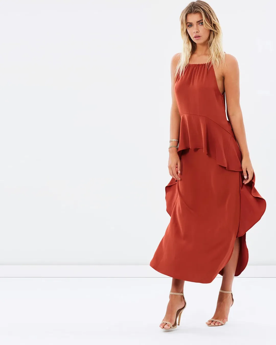 Shona Joy Voltaire Ruched Ruffle Midi Dress Rust Size 6 for rent on The Volte - main image