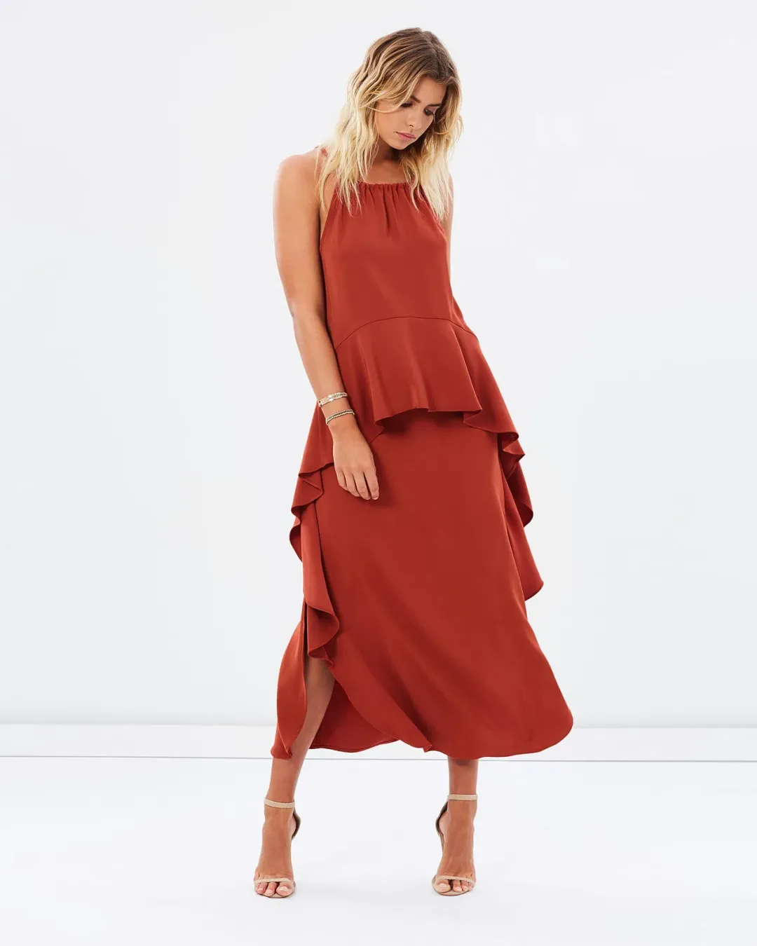 Shona Joy Voltaire Ruched Ruffle Midi Dress Rust Size 6 for rent on The Volte - main image