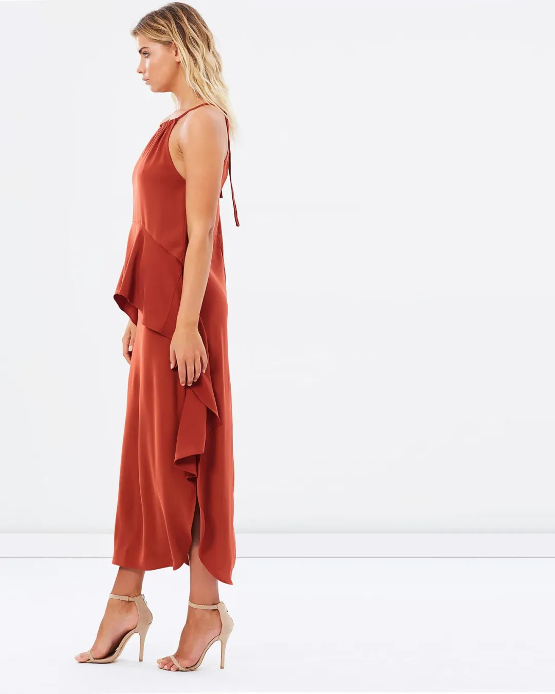 Shona Joy Voltaire Ruched Ruffle Midi Dress Rust Size 6 for rent on The Volte - main image