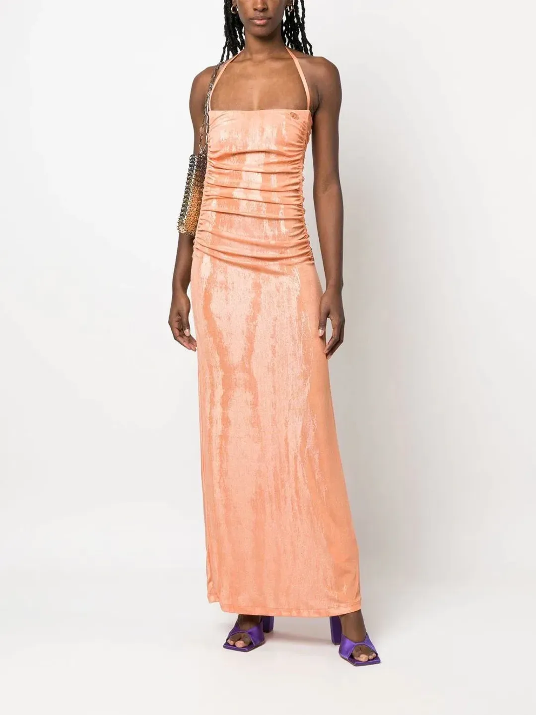 Diesel Metallic Ruched Halterneck Gown in Orange Size 8 for rent on The Volte - main image