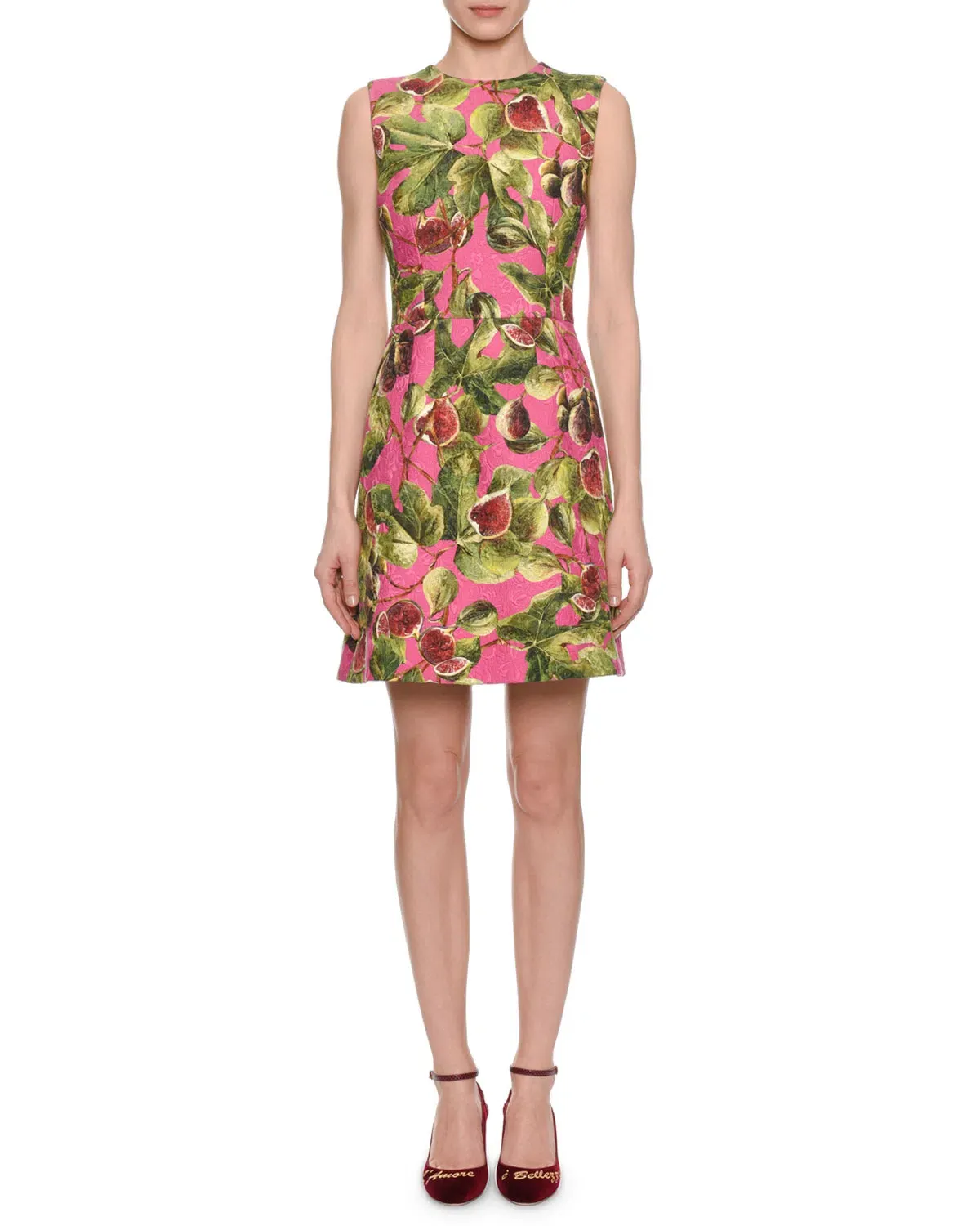 Dolce and Gabbana Sleeveless A-Line Brocade Mini Dress Fig Print Size M / AU 10 for rent on The Volte - main image