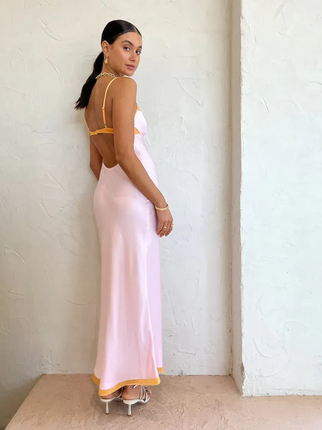 Bec & Bridge Joelle Mesh Detail Open Back Maxi Dress Orange/Pink Size 6 for rent on The Volte - main image